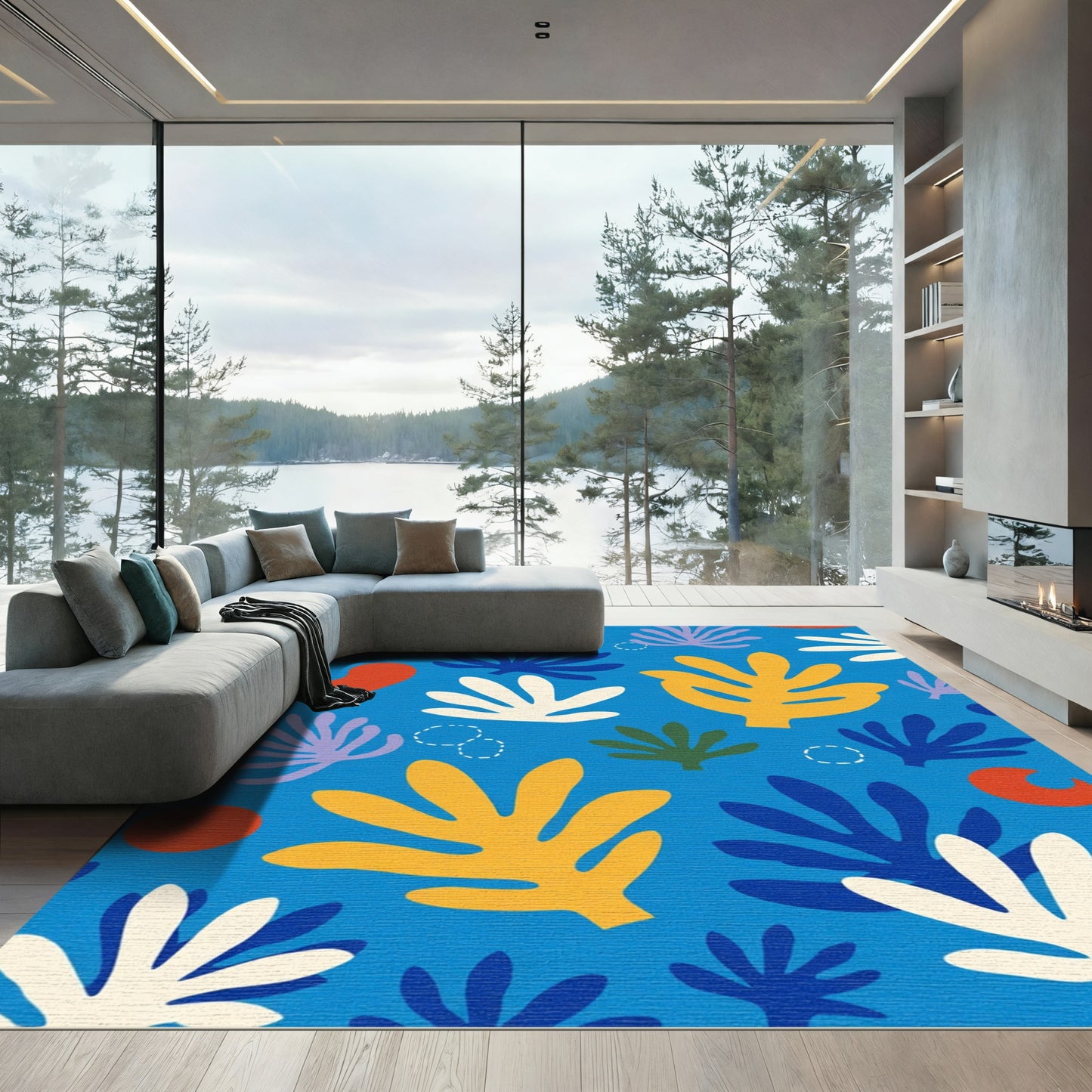 Abstract Botanical Shapes Blue Yellow Rug