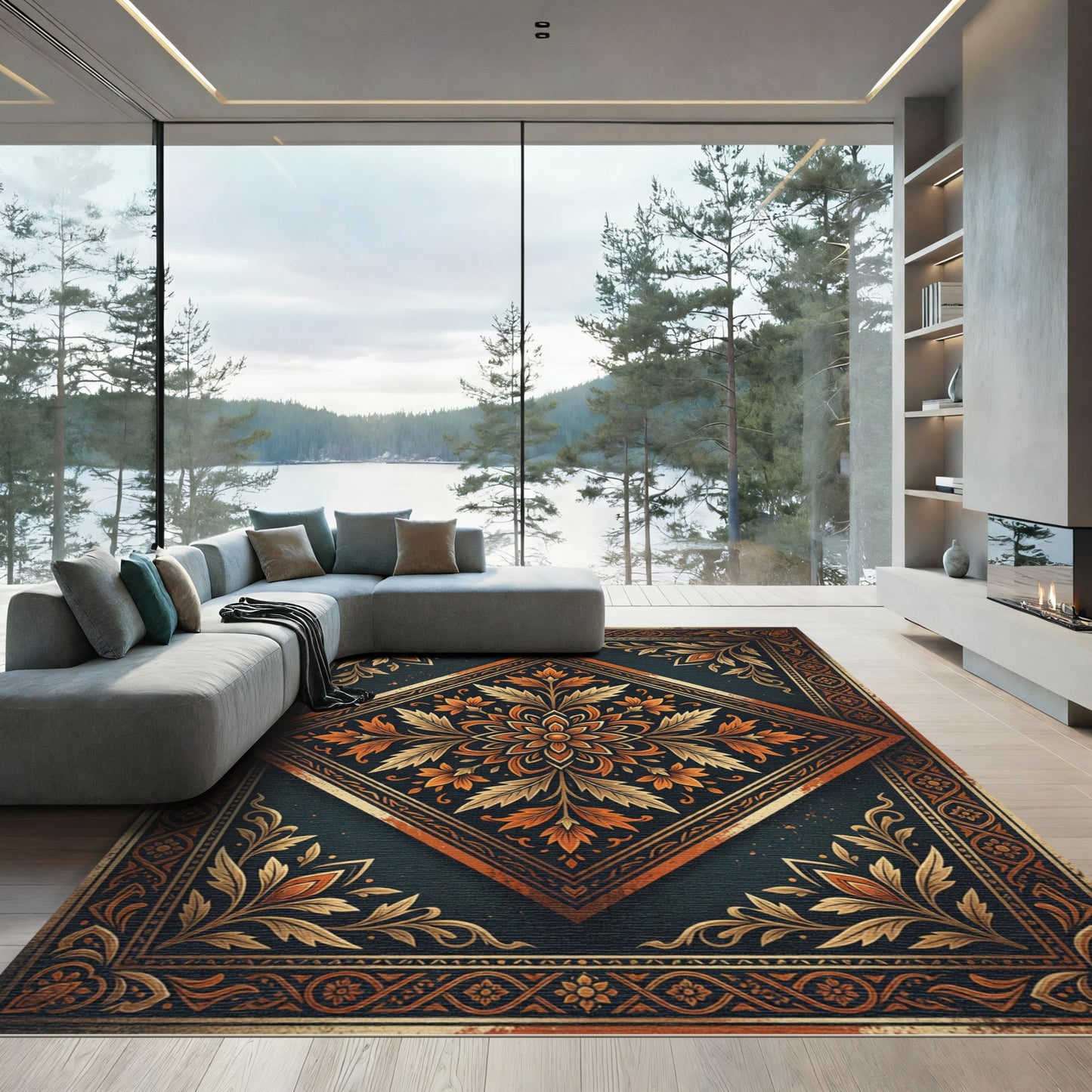 Ornate Amber Floral Diamond Medallion Rug