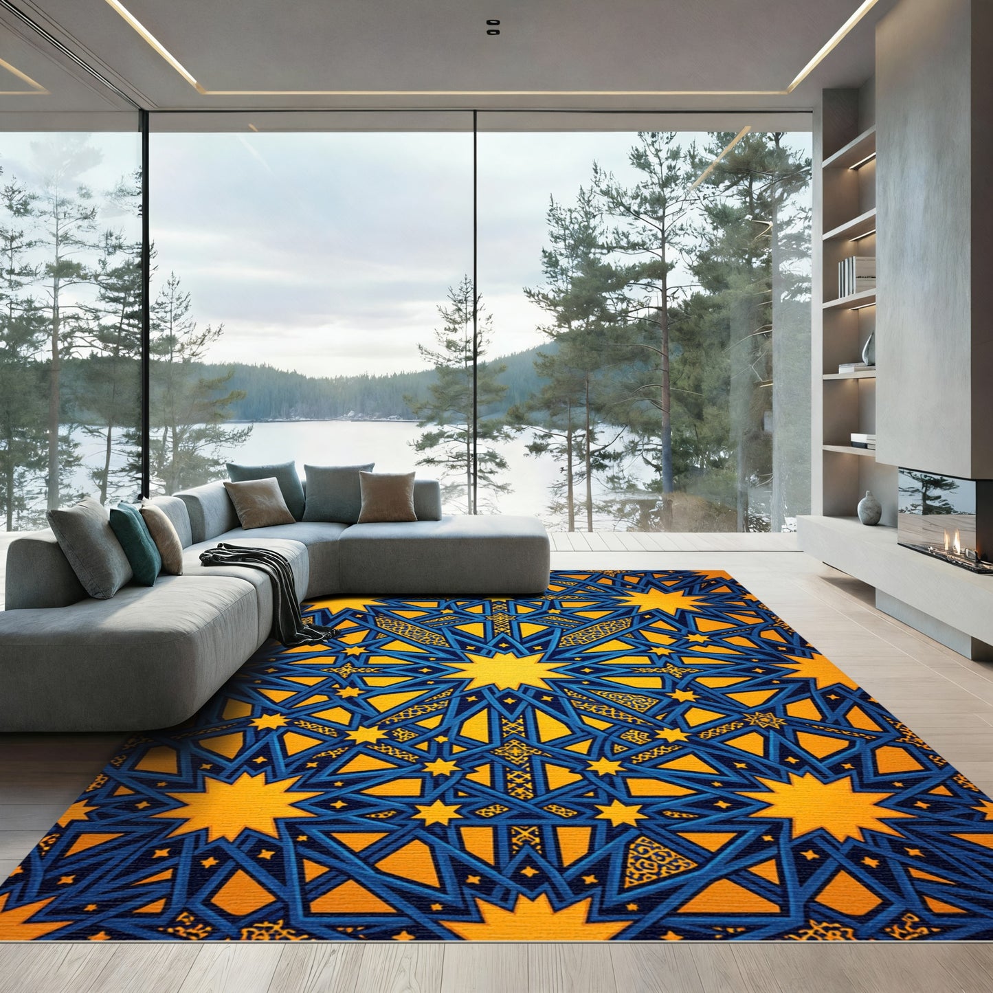 Luminous Cobalt and Gold Geometric Star Medallion Rug