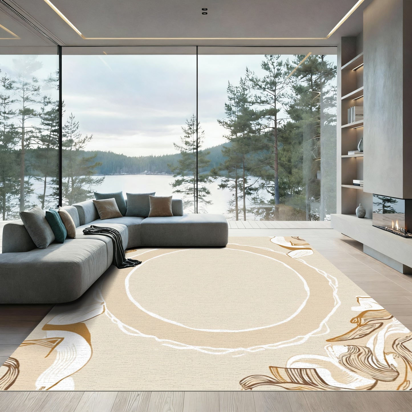 Ecru Abstract Swoosh Feather Frame Rug