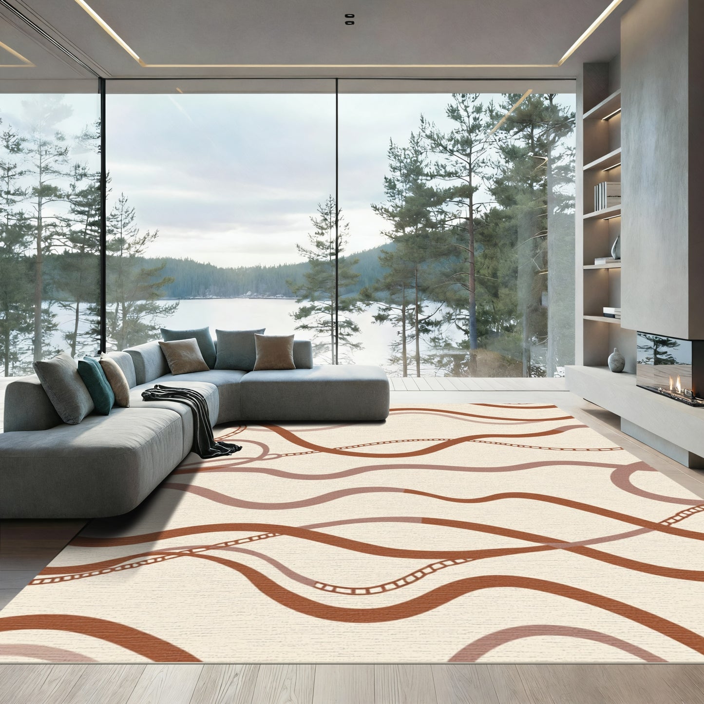 Earthy Mocha Wavy Chain Lines Rug