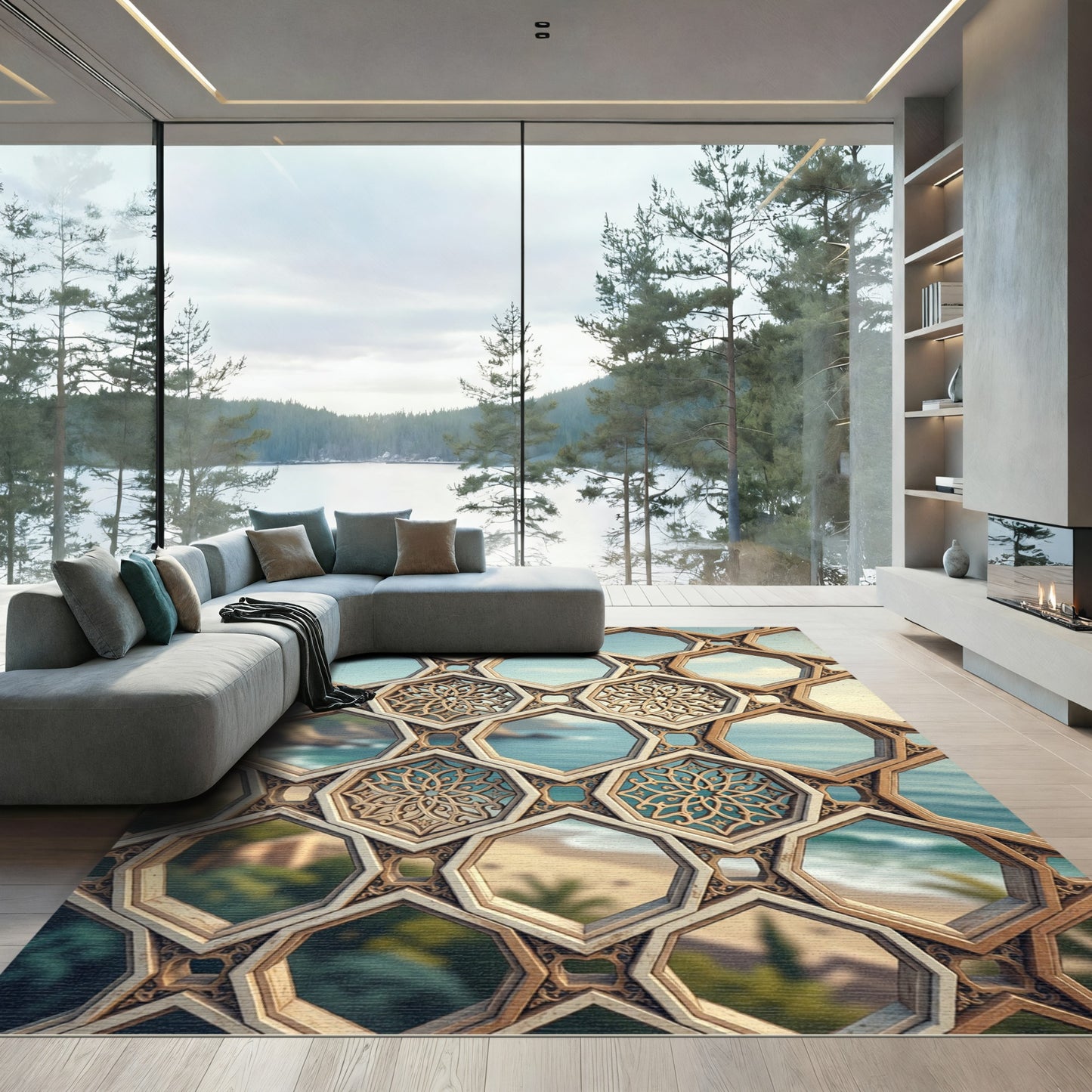 Geometric Beige Lattice Hexagon Tile Rug