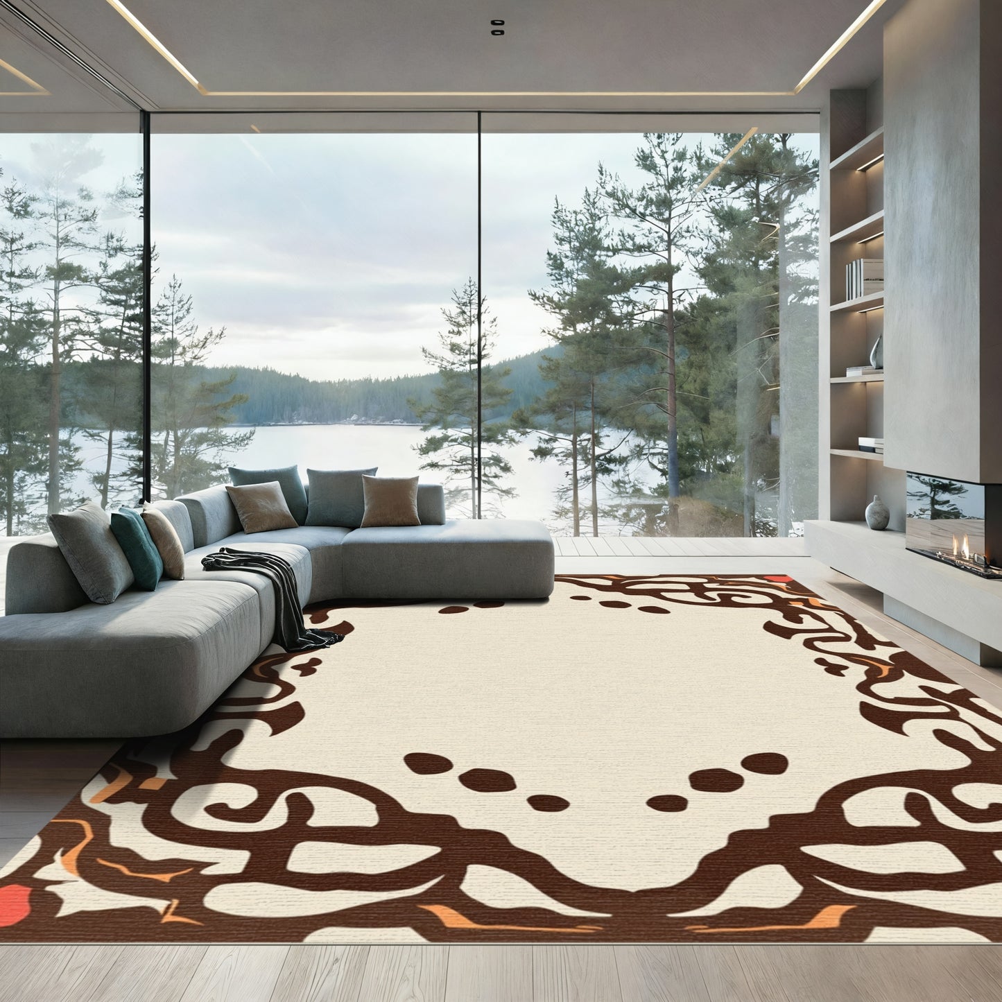 Cream Brown Abstract Frame Oval Rug