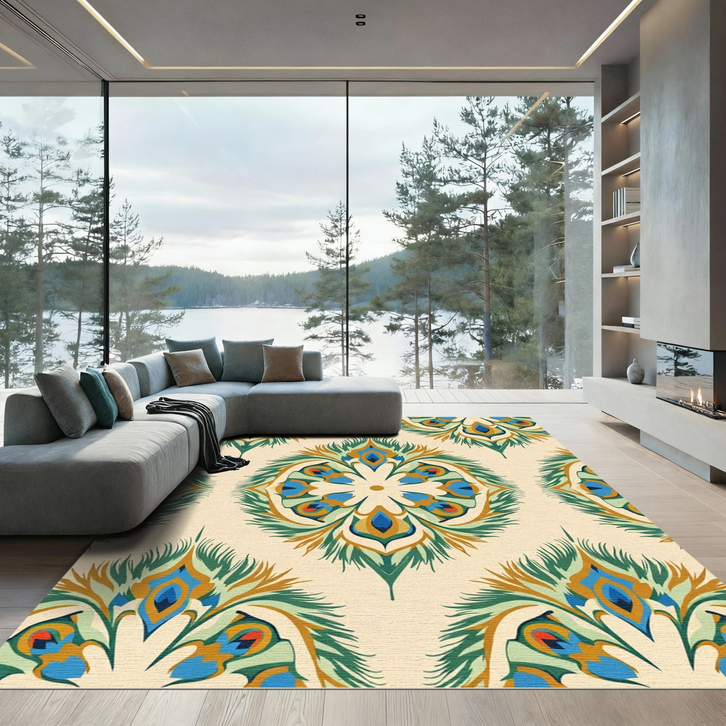 Serene Teal Peacock Feather Medallion Rug