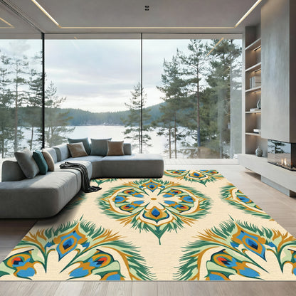 Serene Teal Peacock Feather Medallion Rug
