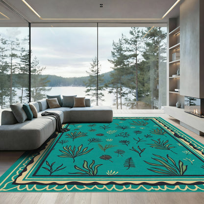 Teal Tropical Leaf Medallion Border Rug