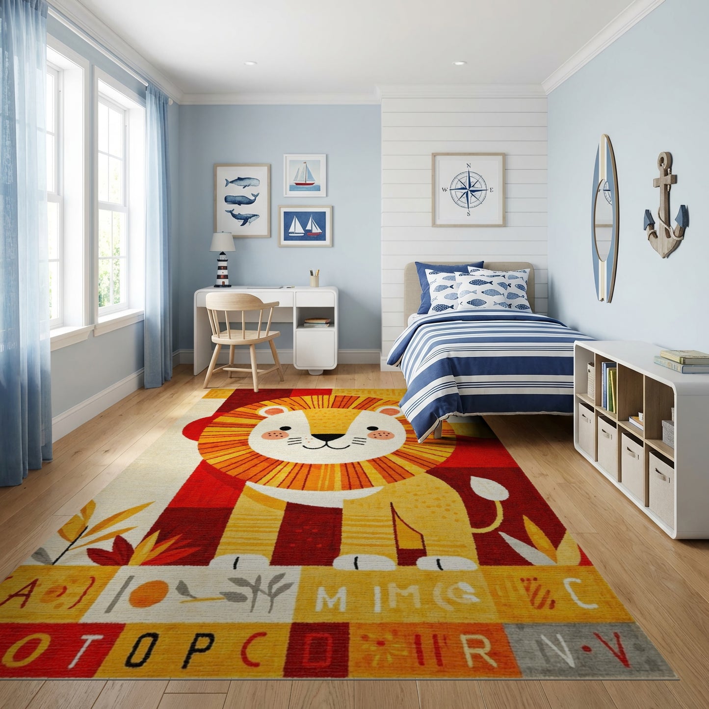 Playful Geometric Lion Alphabet Rug