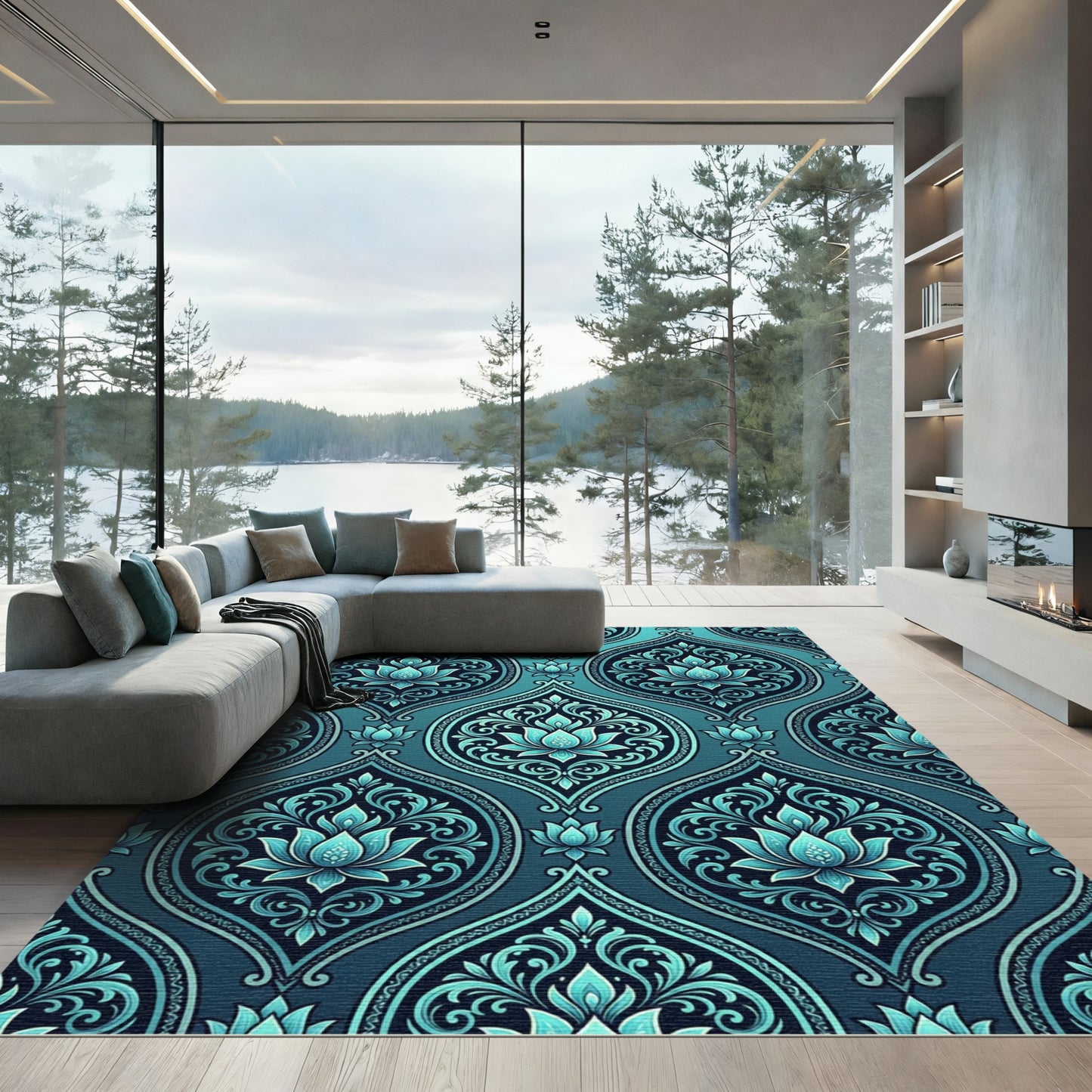 Aqua Blue Floral Damask Scroll Rug
