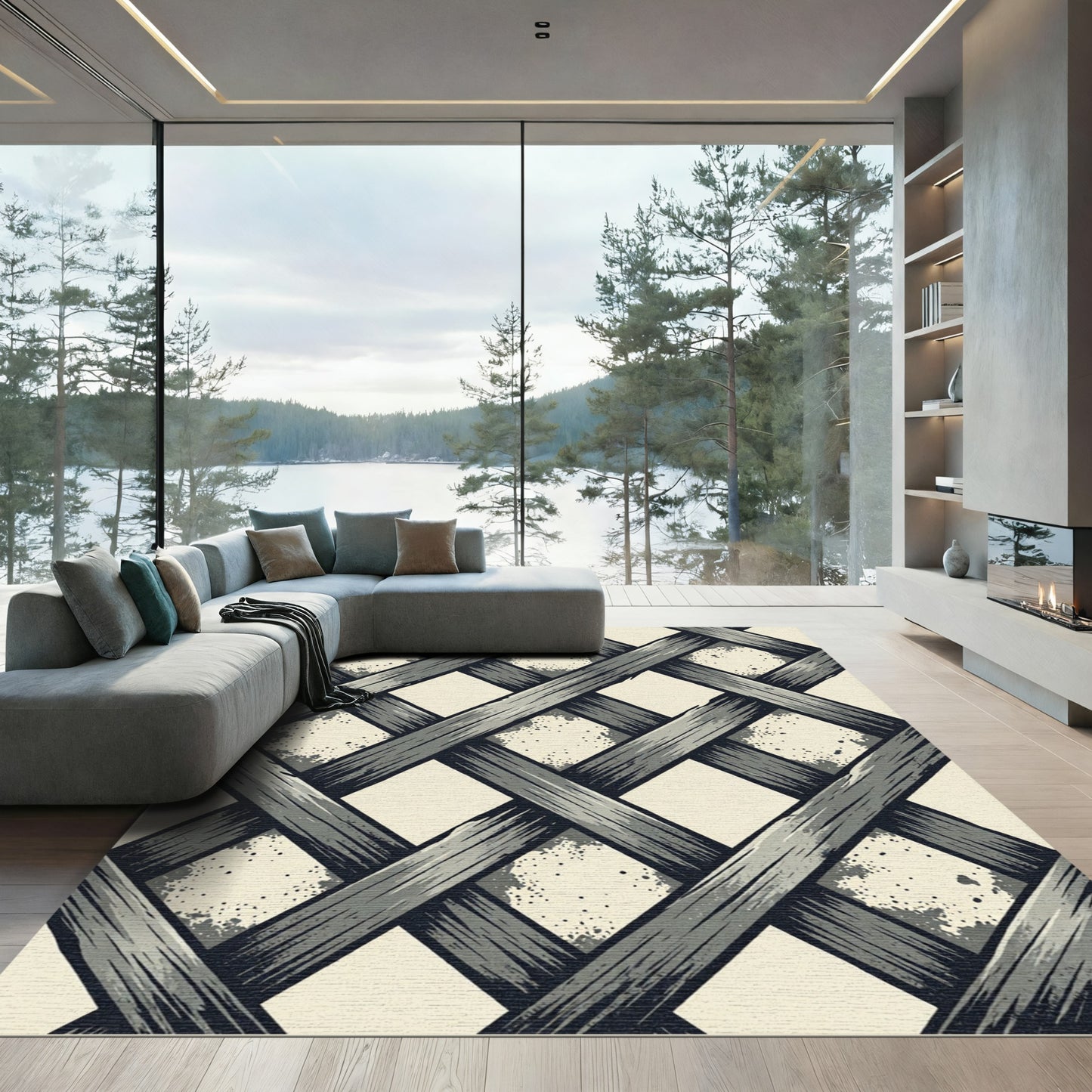 Monochromatic Gray Woven Geometric Lattice Rug