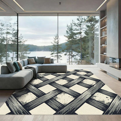 Monochromatic Gray Woven Geometric Lattice Rug