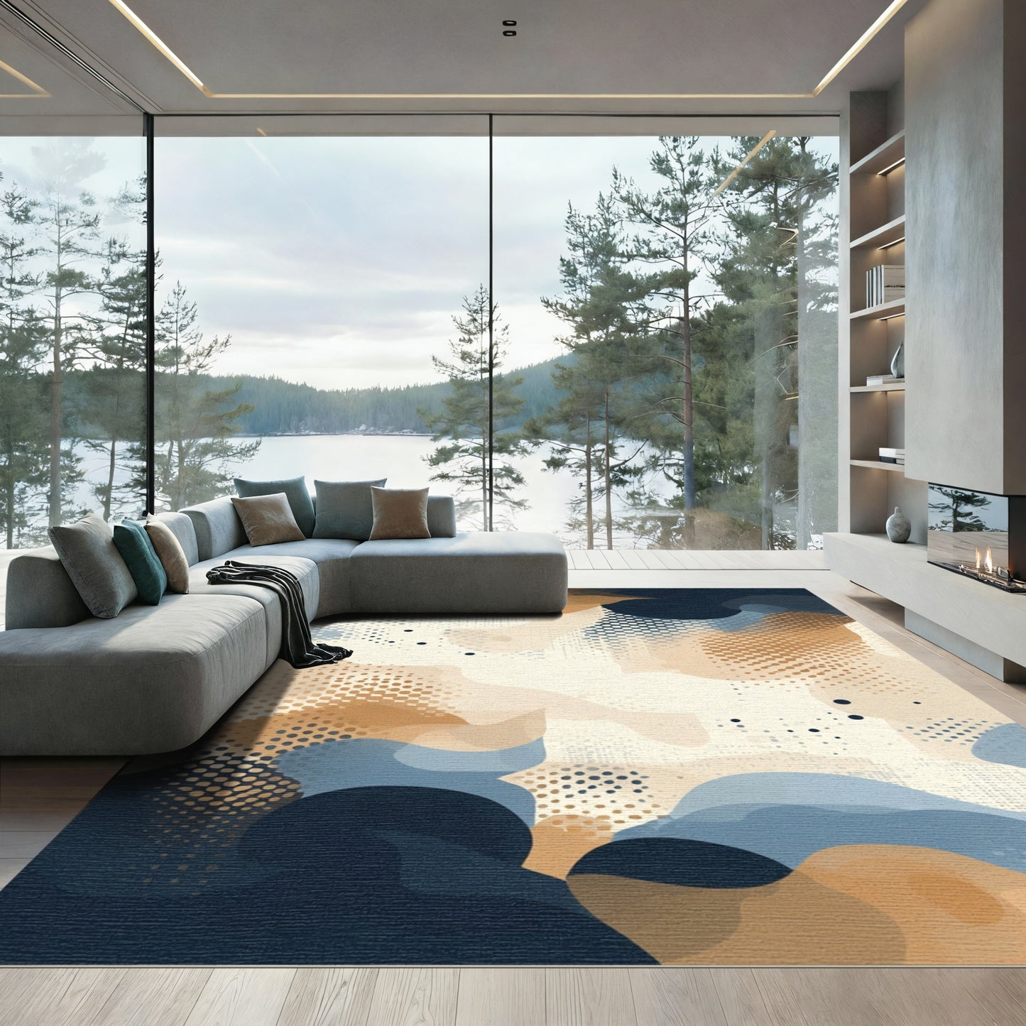 Abstract Shapes Blue Gold Halftone Rug
