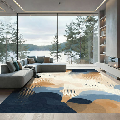 Abstract Shapes Blue Gold Halftone Rug