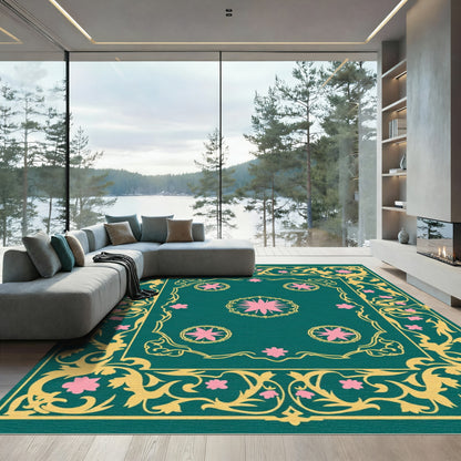 Teal Gold Pink Floral Medallion Rug