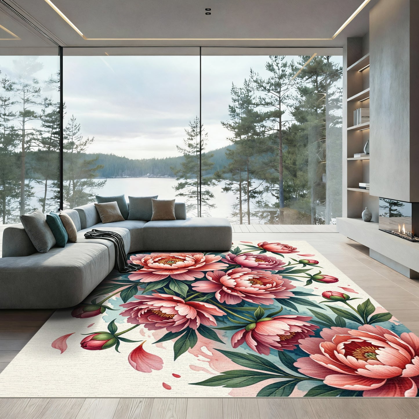 Blushing Peony Watercolor Floral Art Rug