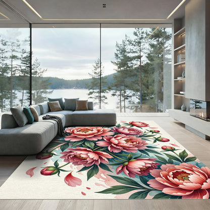 Blushing Peony Watercolor Floral Art Rug