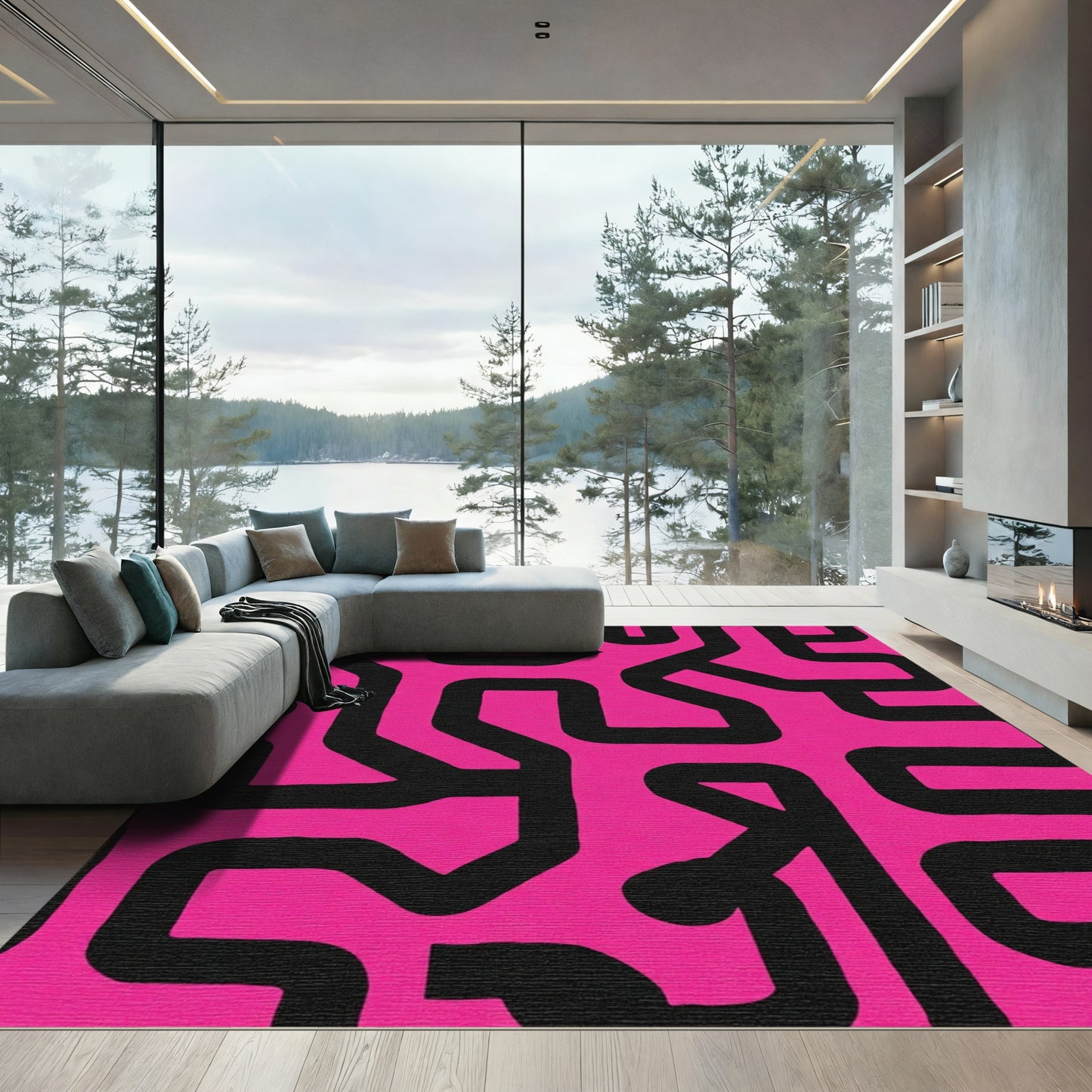 Hot Pink Maze Labyrinth Line Art Rug