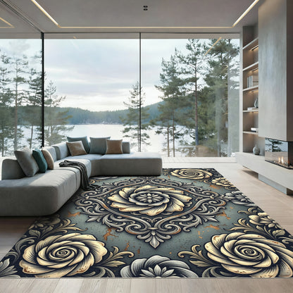 Vintage Metallic Floral Damask Rug