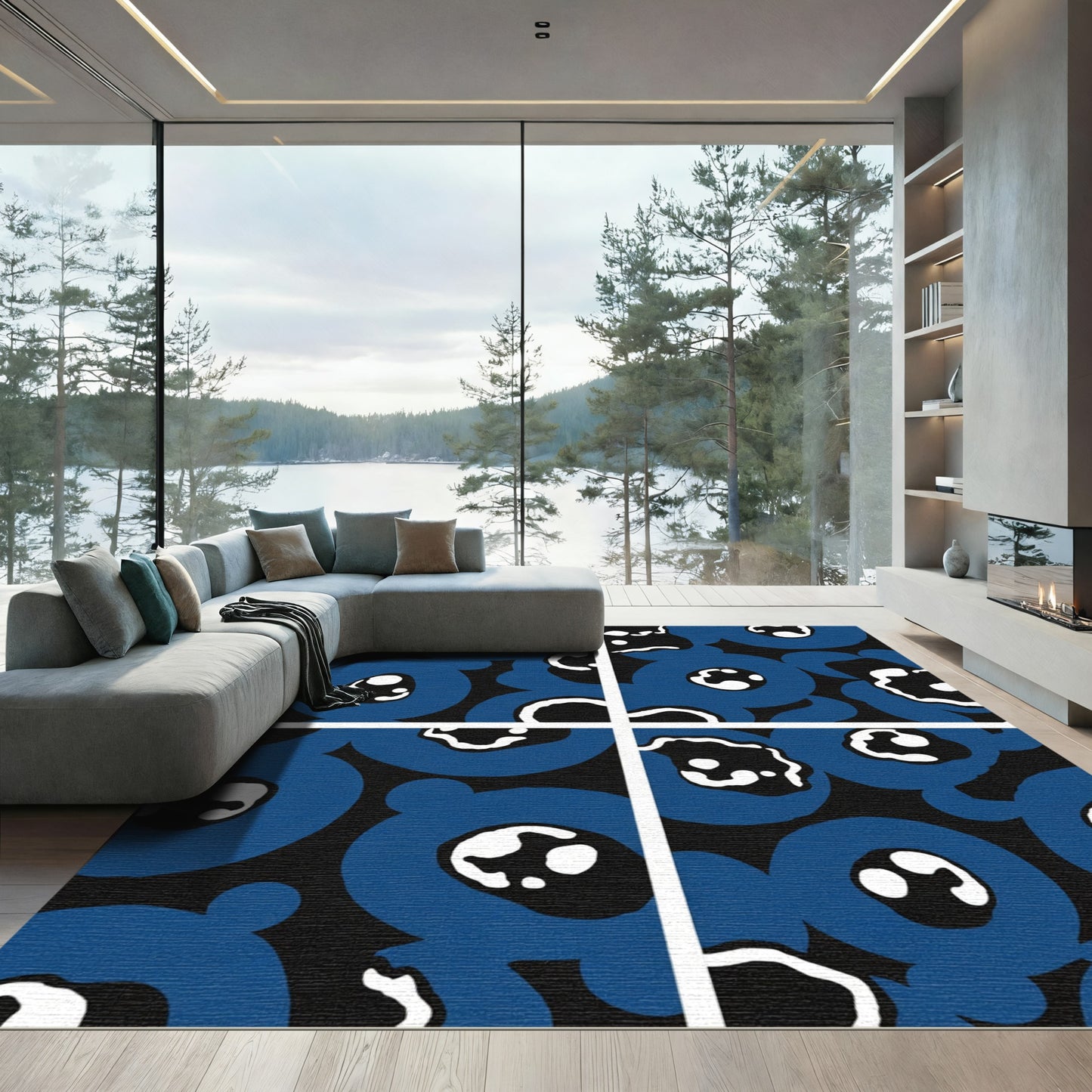 Bold Blue Abstract Floral Circles Rug