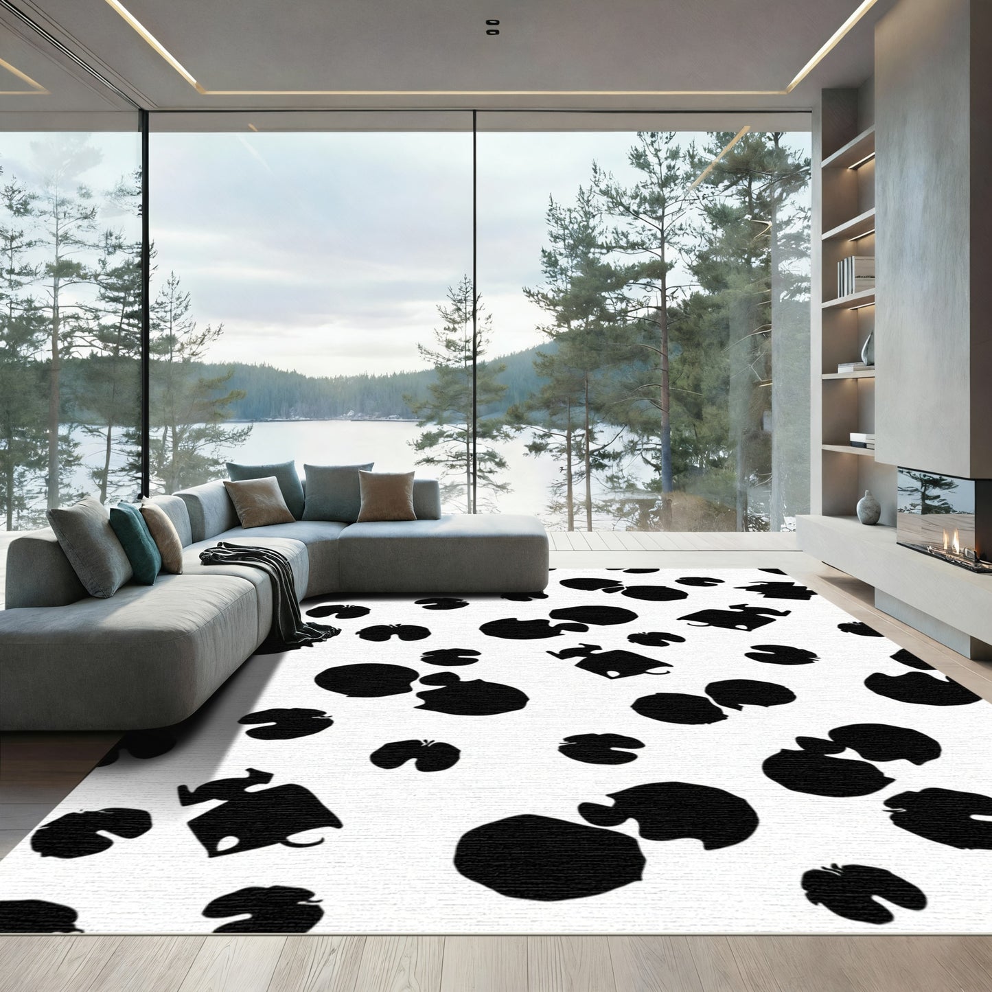 Abstract Black White Splatter Shapes Rug