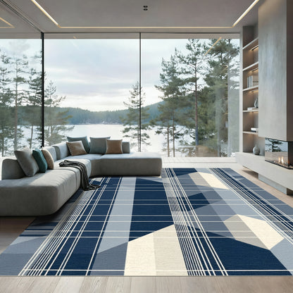 Geometric Blue Plaid Abstract Rug