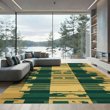 Emerald Ochre Glitched Geometric Rug