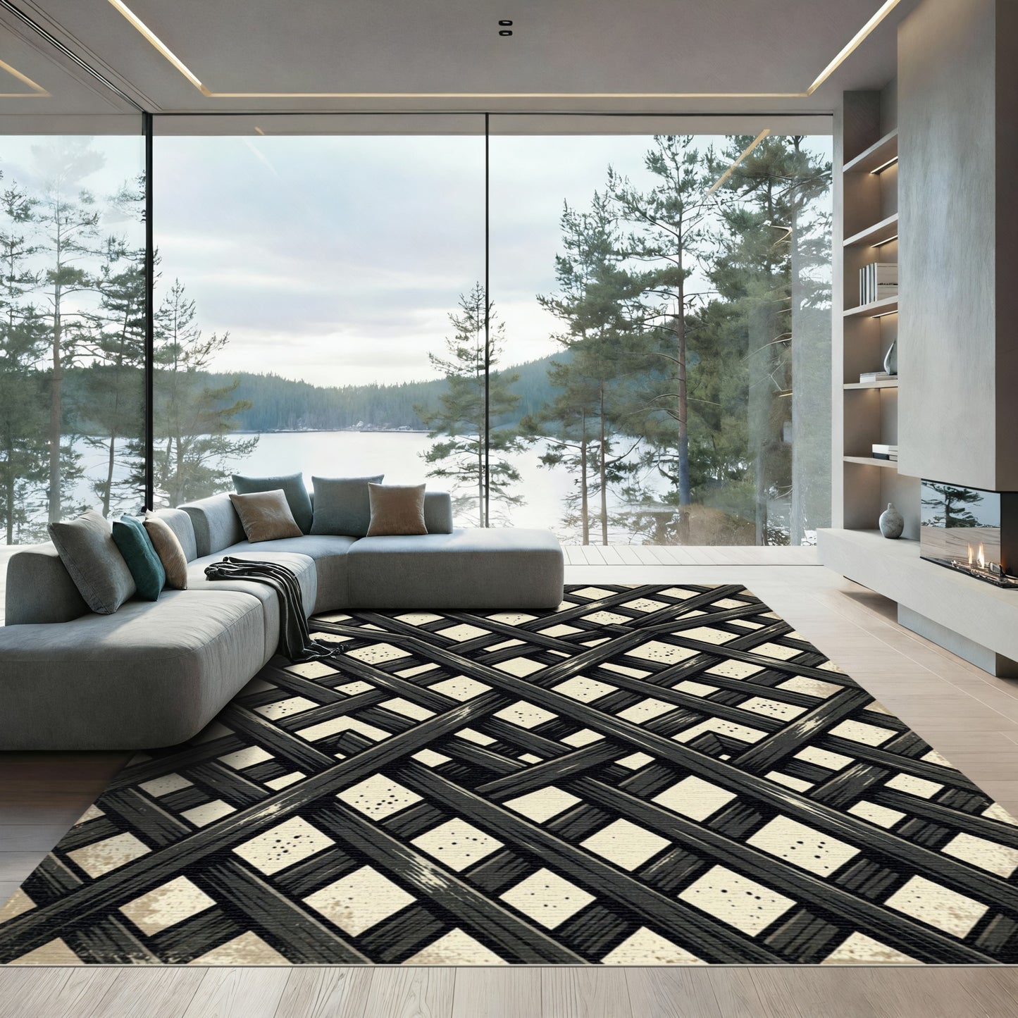 Geometric Charcoal Black Lattice Weave Rug