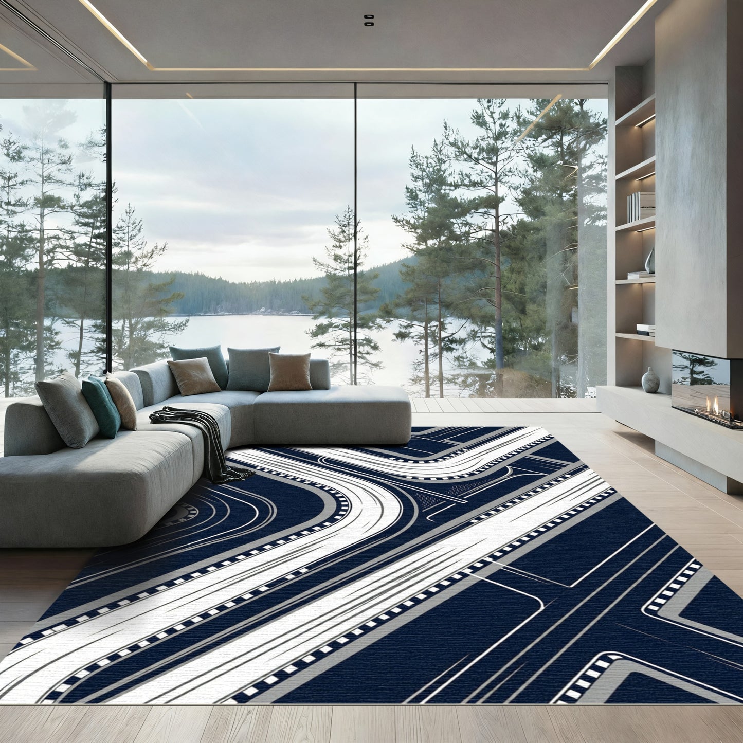 Modern Navy and White Geometric Freeway Rug