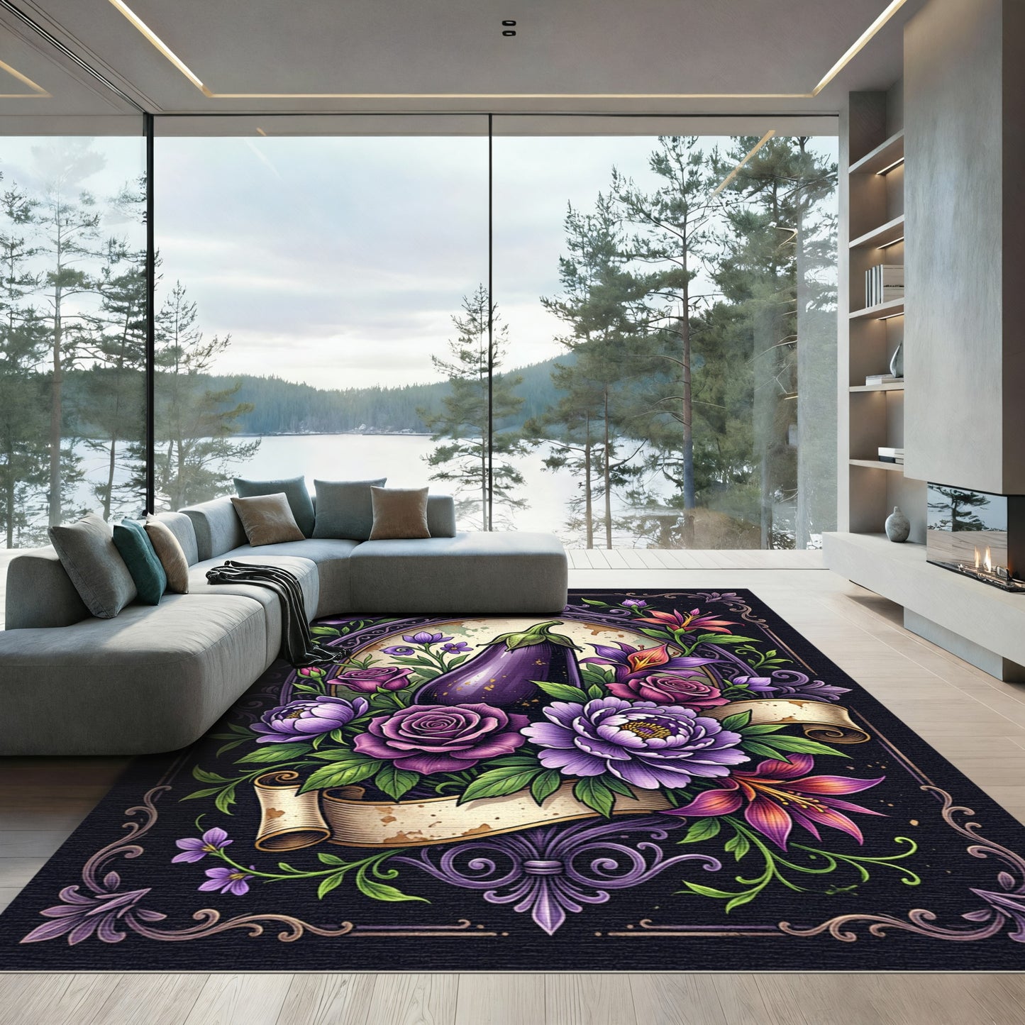 Elegant Eggplant Garden Botanical Frame Rug