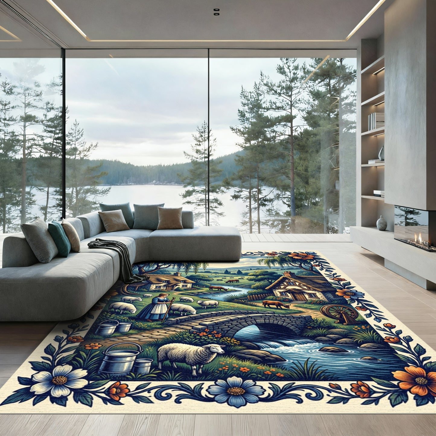 Pastoral Countryside Blue Floral Border Rug