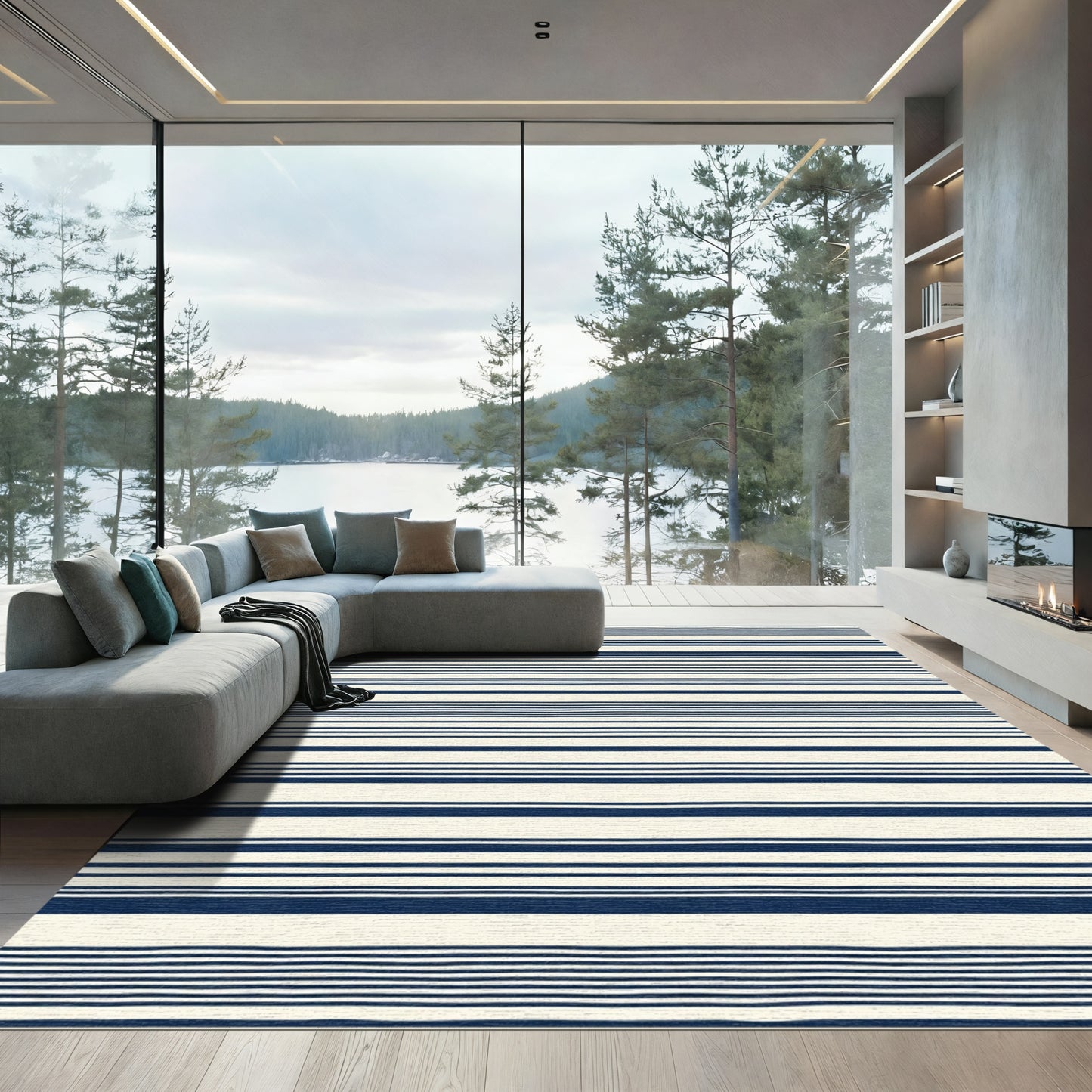 Navy Blue Cream Striped Background Rug