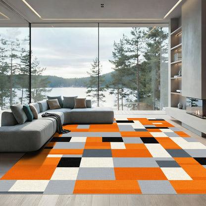 Modern Orange Black Geometric Blocks Rug