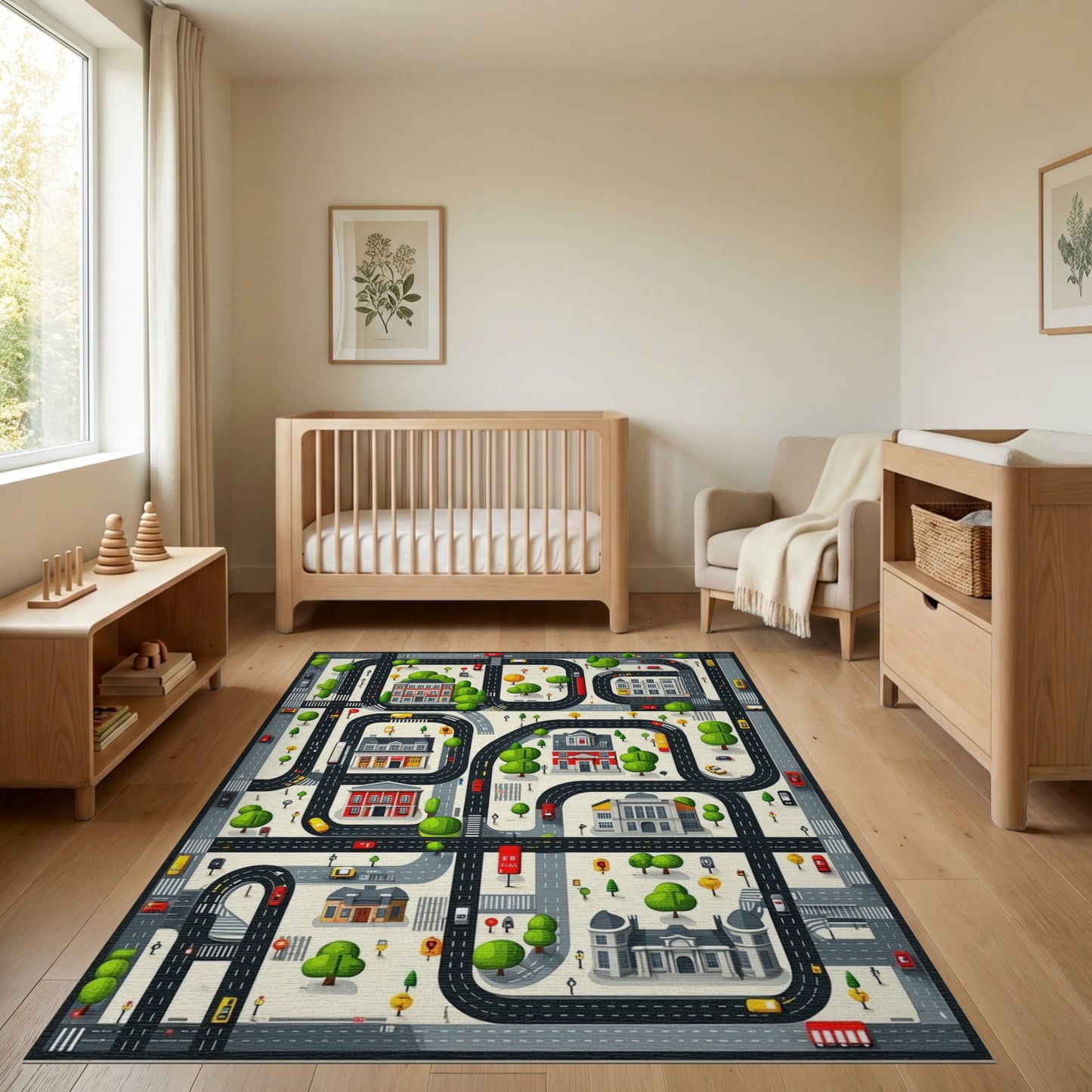 Whimsical City Roads Buildings Trees Rug