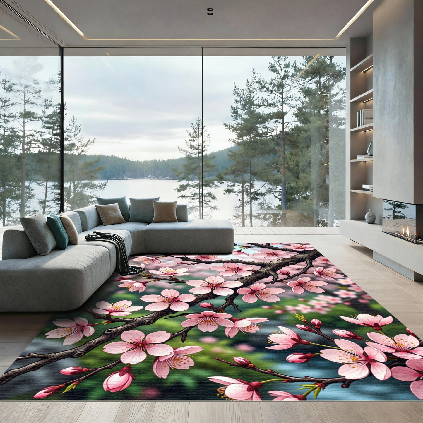 Blossoming Pink Cherry Branch Art Rug