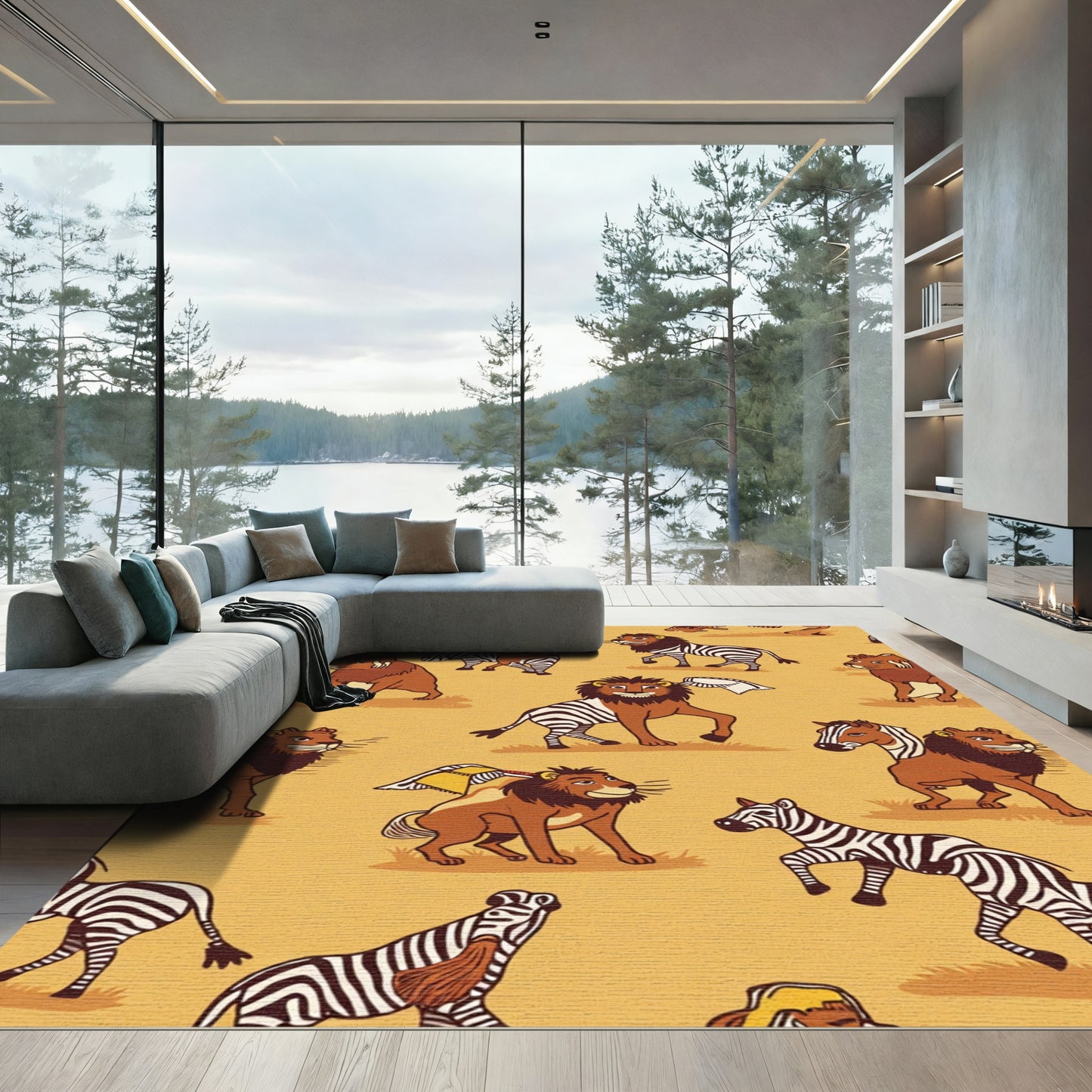 Whimsical Lion Zebra Savannah Playground Rug