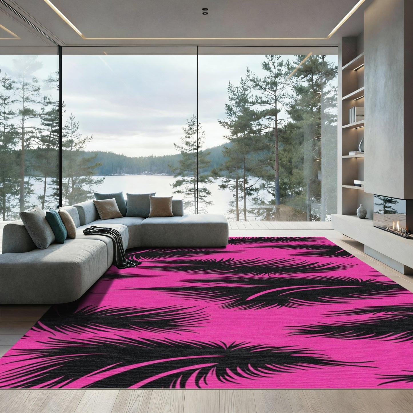 Pink Black Feathered Jungle Print Rug