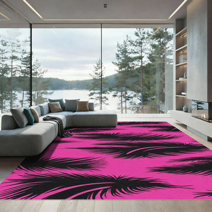 Pink Black Feathered Jungle Print Rug