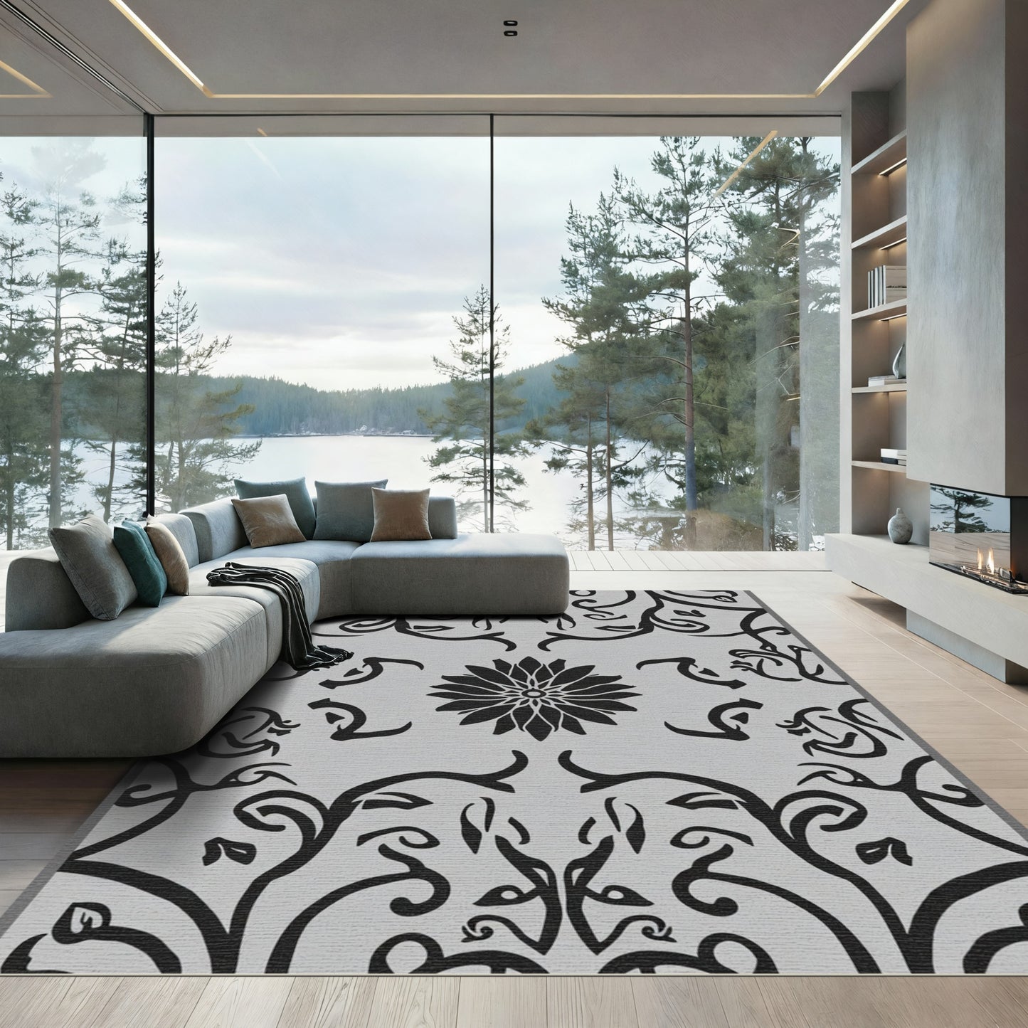 Black Gray Floral Symmetry Area Rug