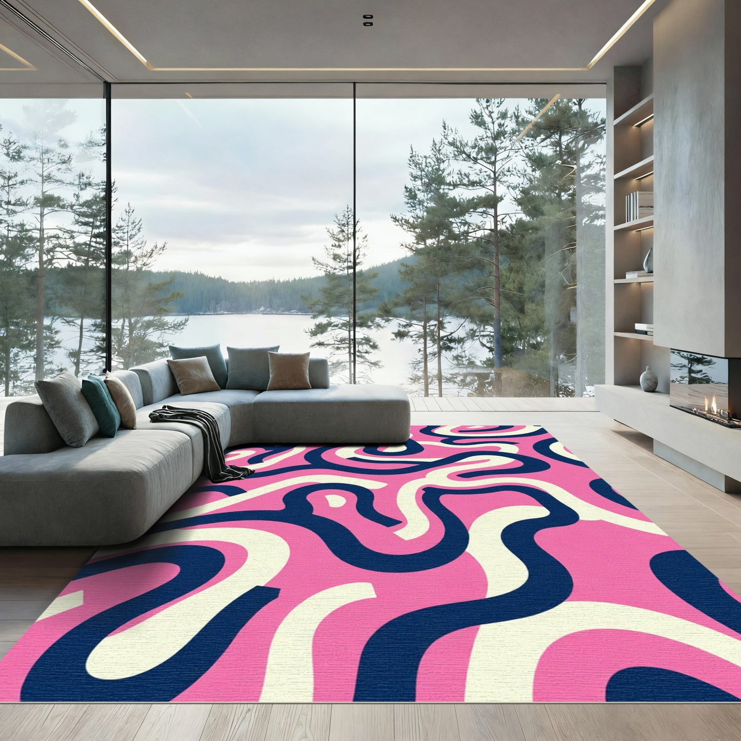 Pink White Navy Swirling Lines Rug