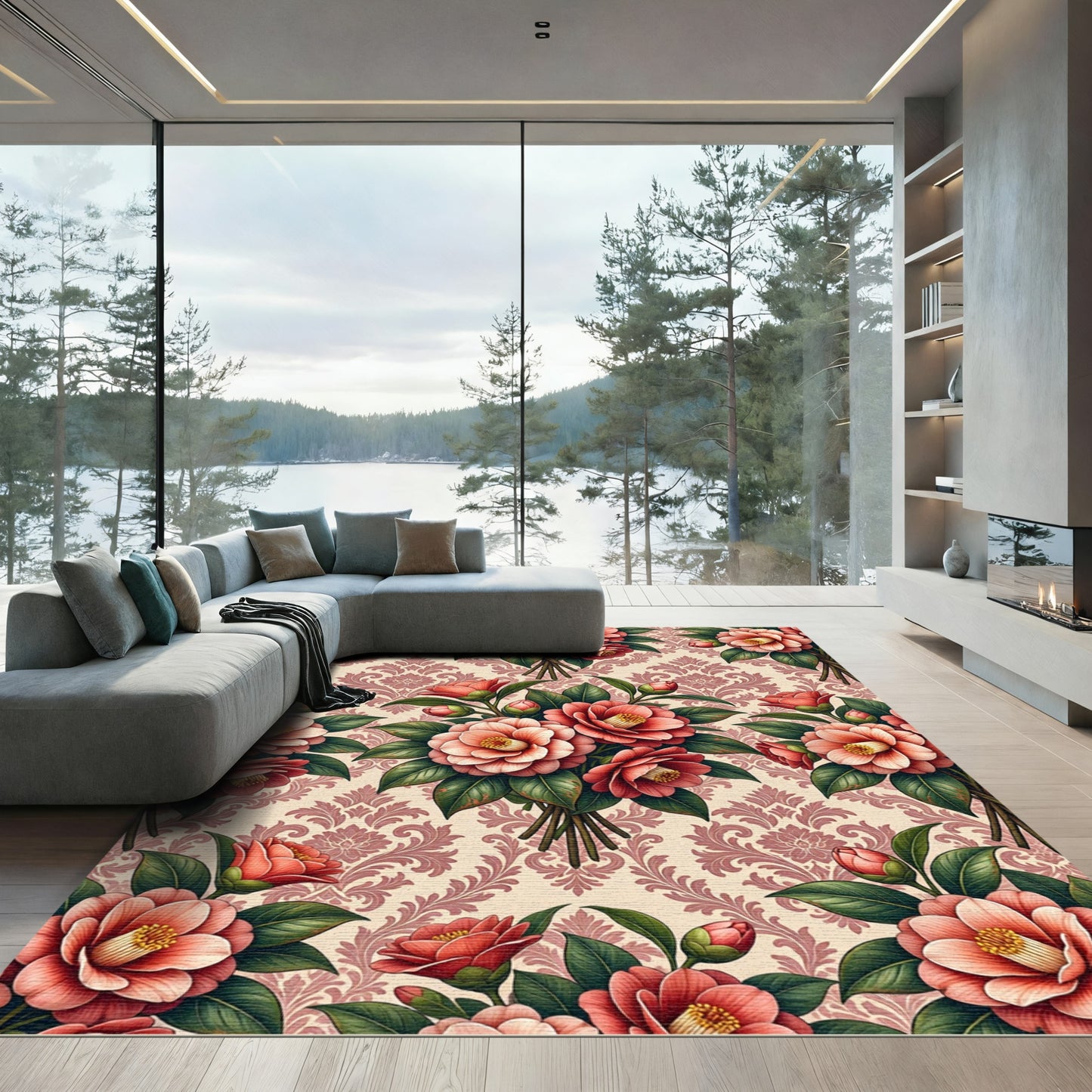 Blush Pink Camellia Damask Floral Bouquet Rug