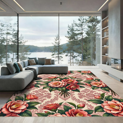 Blush Pink Camellia Damask Floral Bouquet Rug