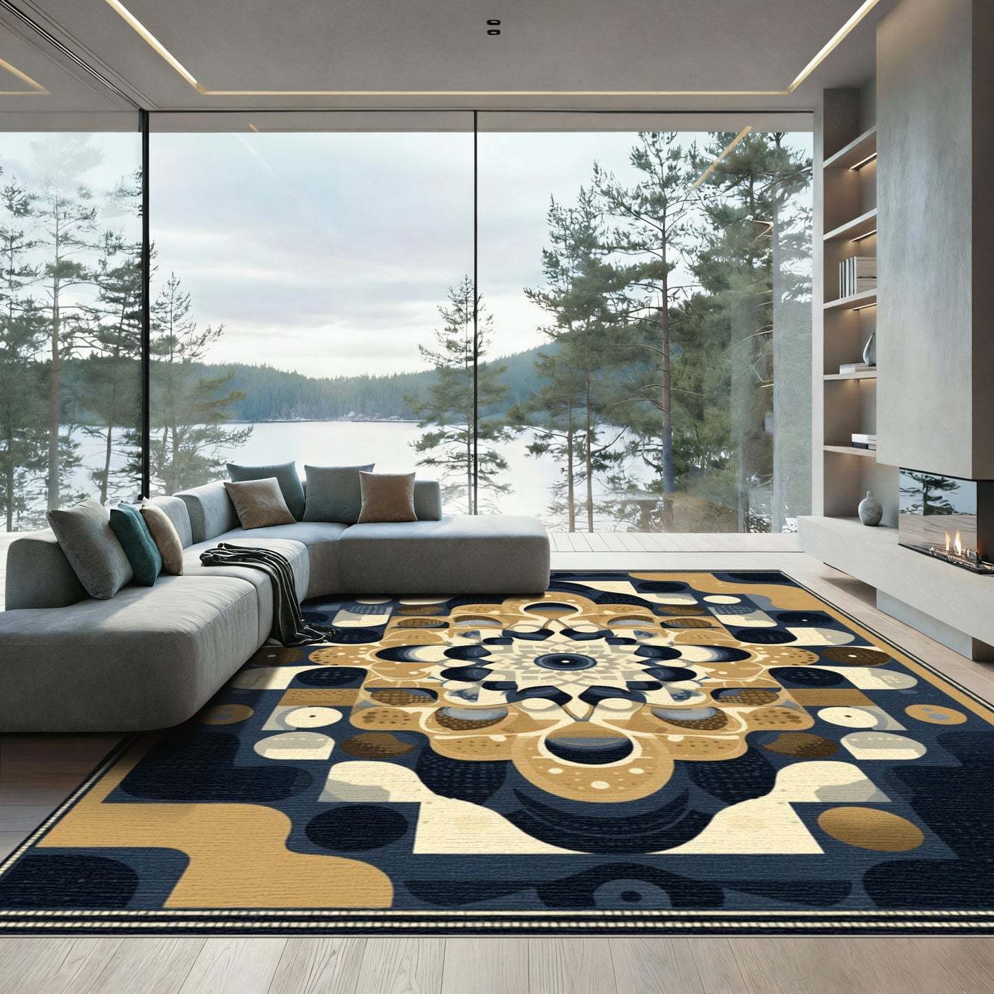 Abstract Geometric Ochre Blue Mandala Rug