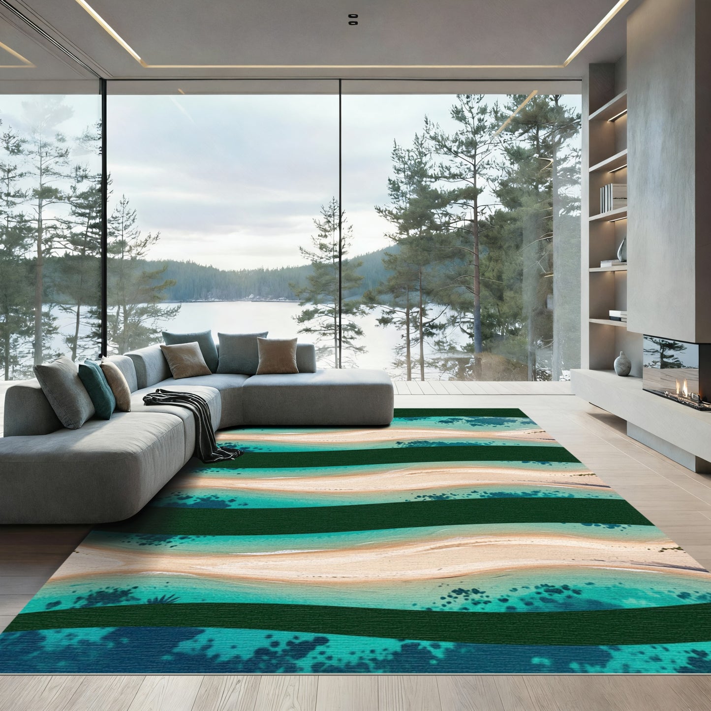 Teal Ocean Wave Horizontal Stripe Rug
