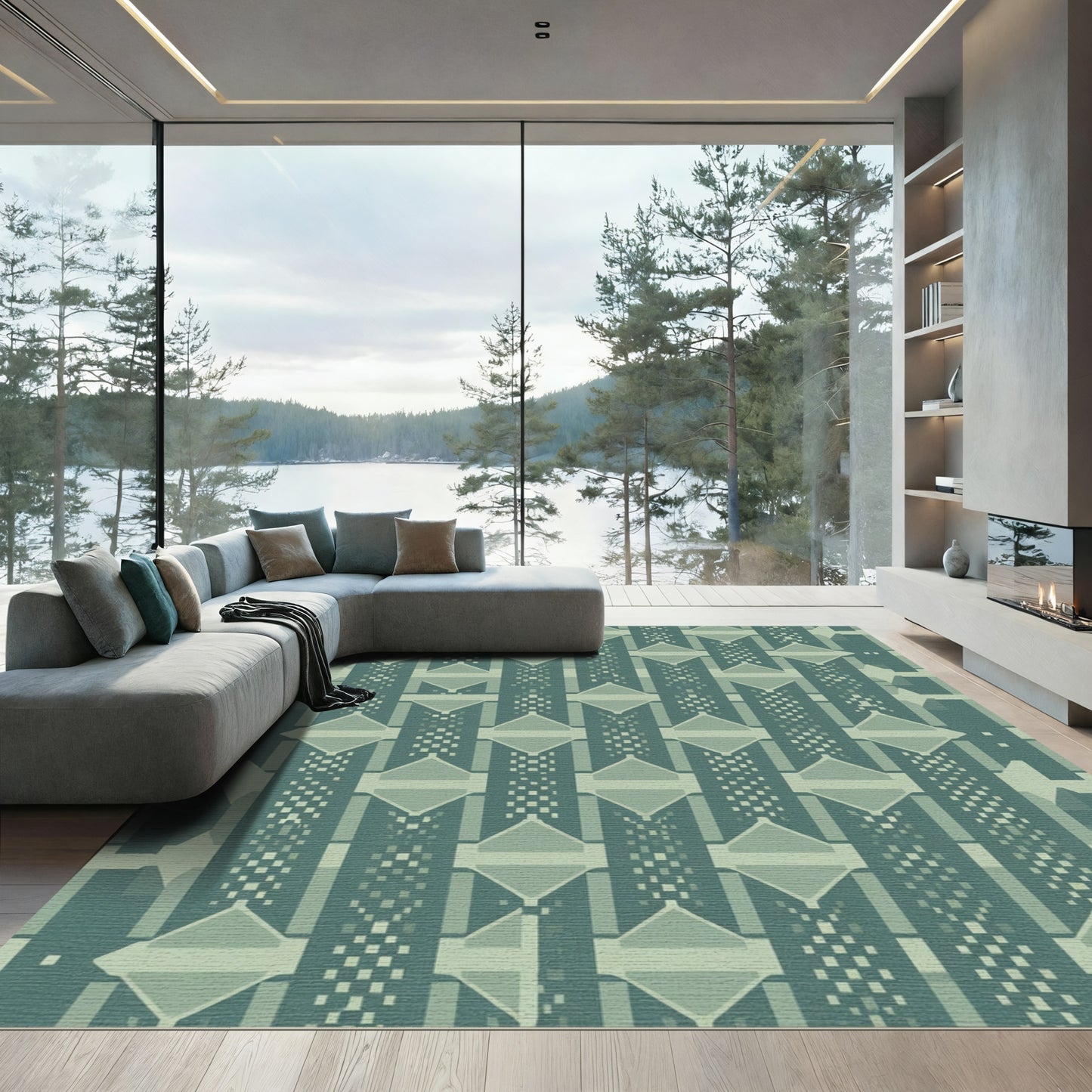 Geometric Teal Diamond Column Rug