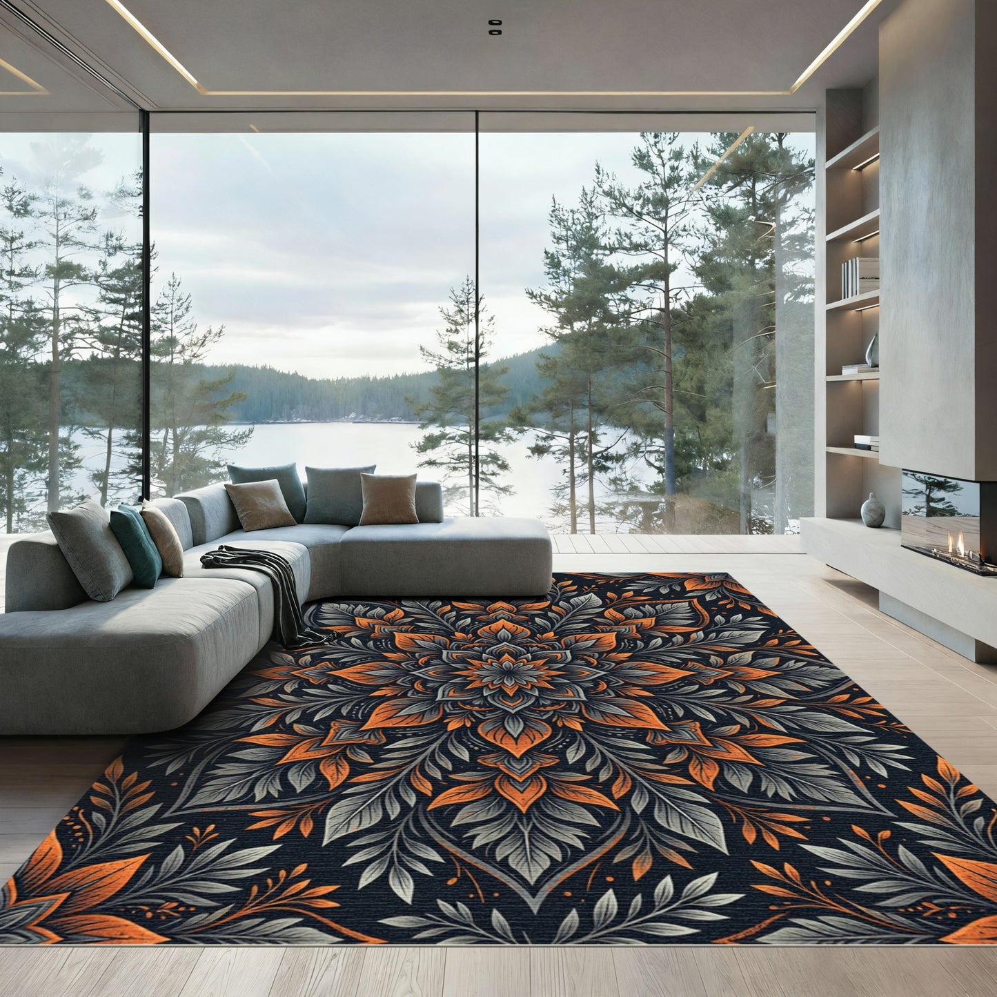 Dark Amber Gray Leaf Mandala Rug