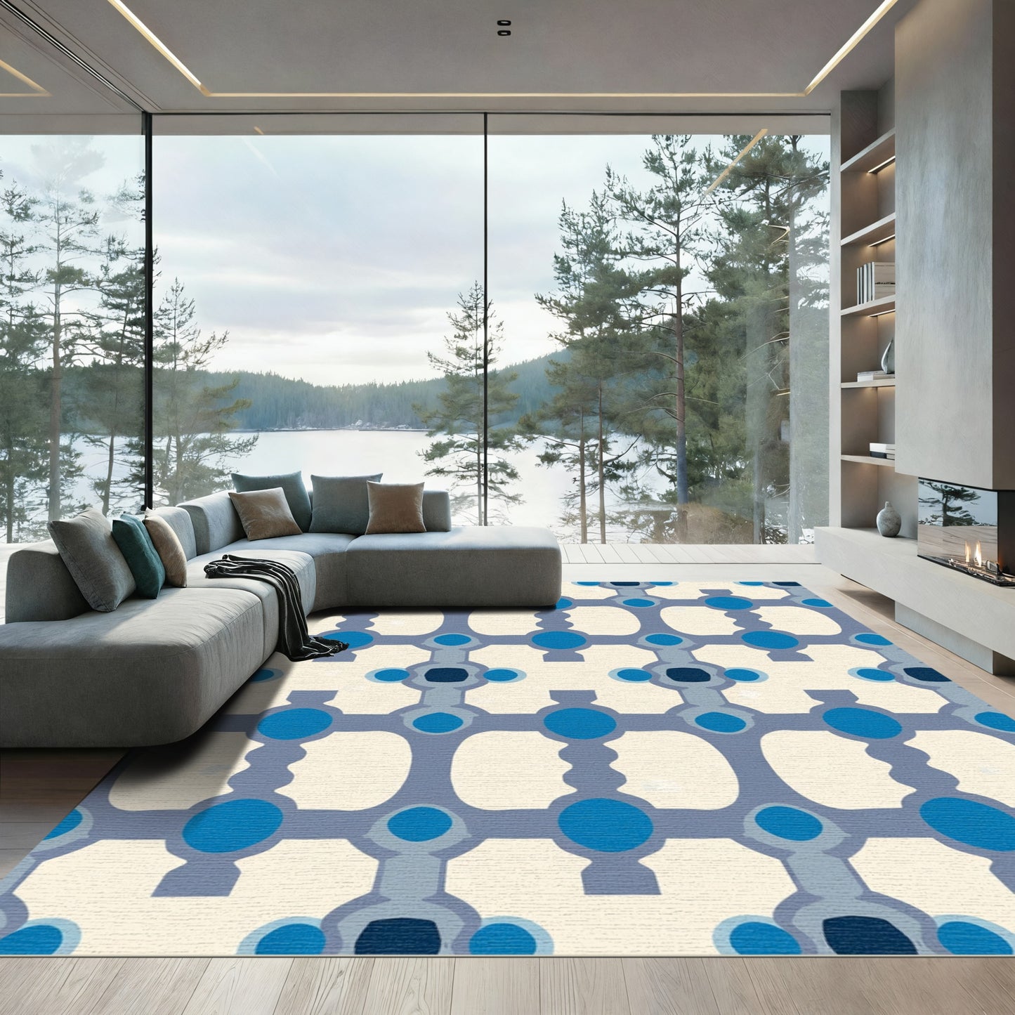 Blue Ochre Geometric Lattice Rug