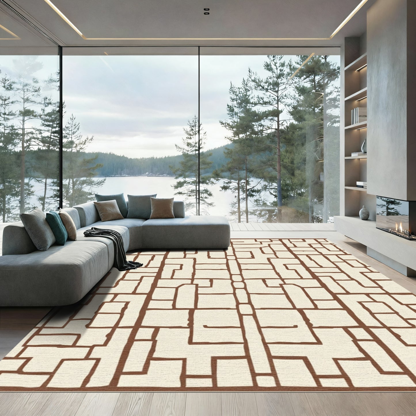 Earthy Brown Organic Geometric Grid Rug