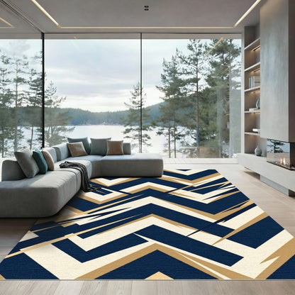 Modern Navy and Gold Chevron Art Rug