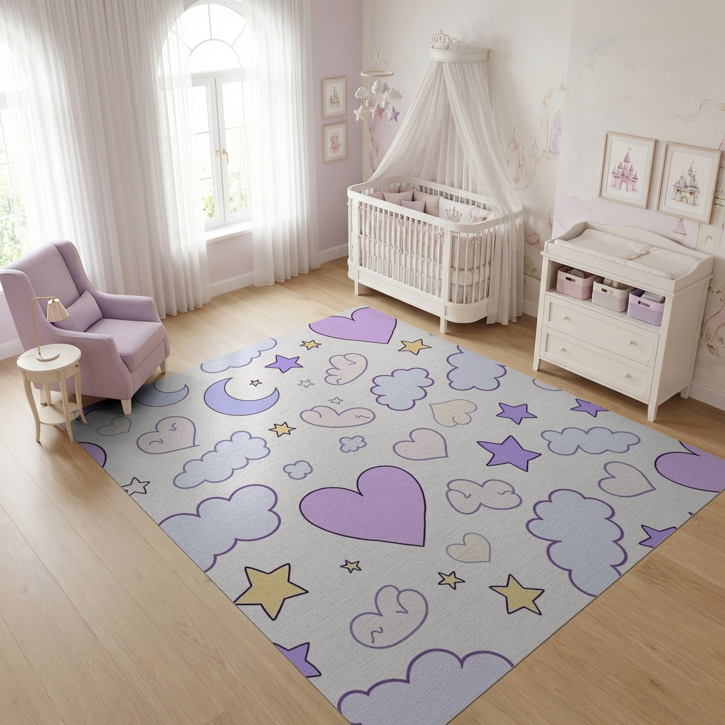 Whimsical Pastel Stars Moons Clouds Hearts Rug