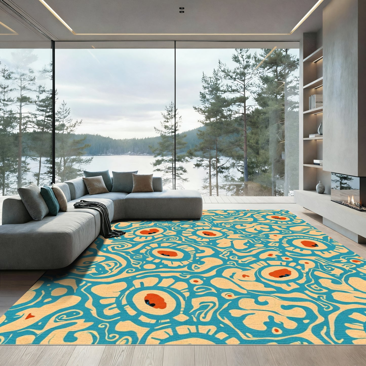 Teal Orange Abstract Eye Floral Rug