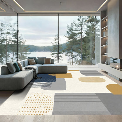 Mid Century Abstract Shapes Gold Blue Gray Rug